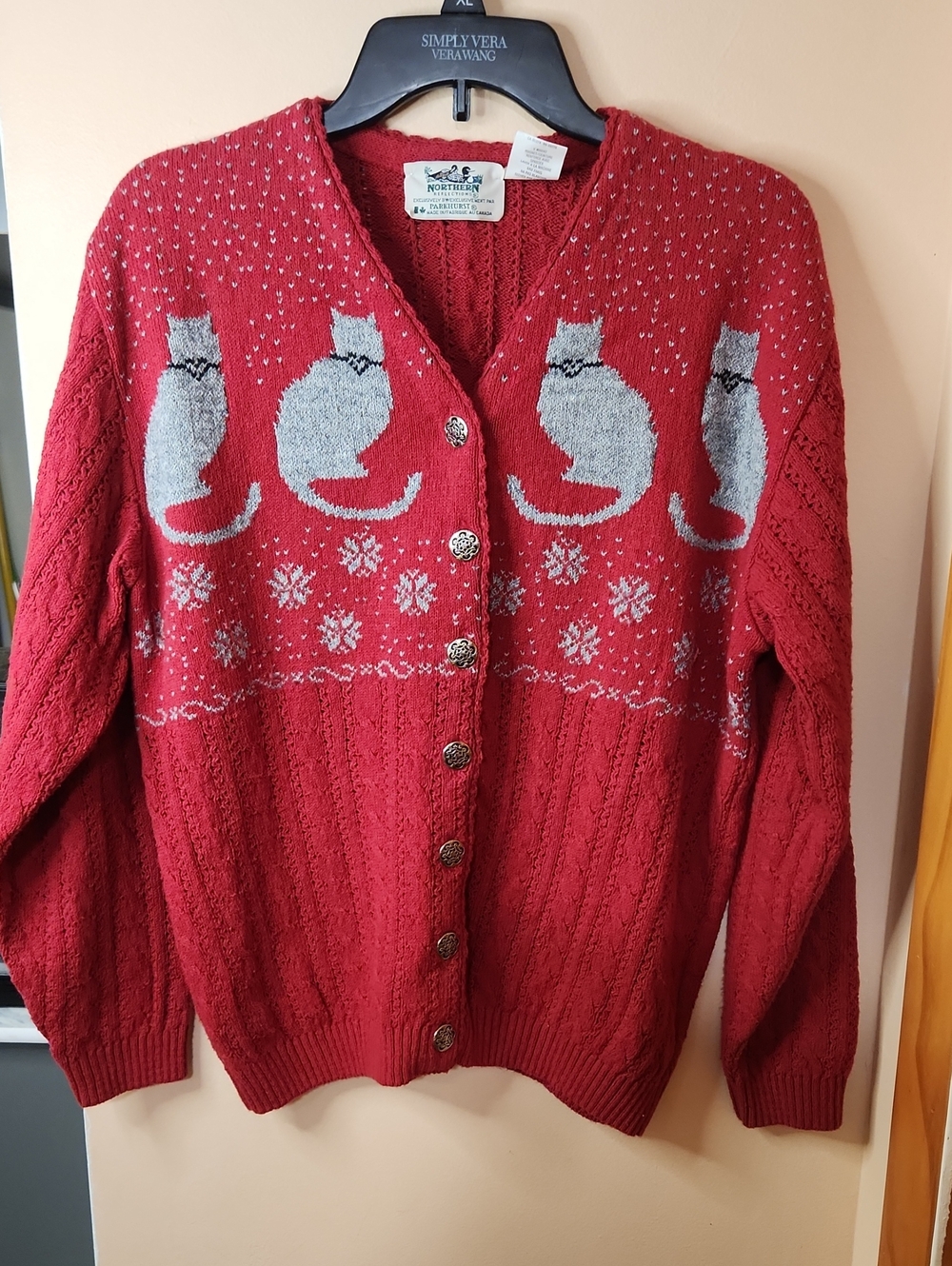 Vintage Northern Reflections Sweater Womens Sz M Cat Snowflake Knit Cardigan 90s